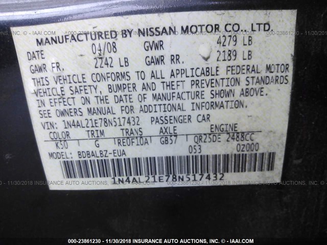 1N4AL21E78N517432 - 2008 NISSAN ALTIMA 2.5/2.5S GRAY photo 9