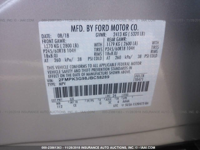 2FMPK3G98JBC58289 - 2018 FORD EDGE SE SILVER photo 9