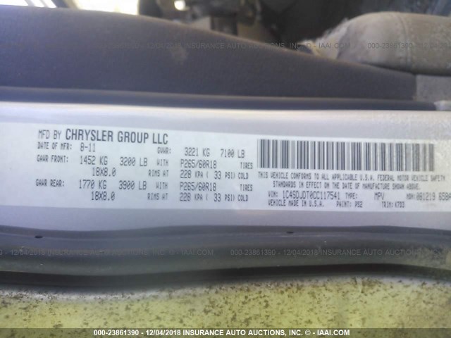 1C4SDJDT0CC117541 - 2012 DODGE DURANGO CREW SILVER photo 9