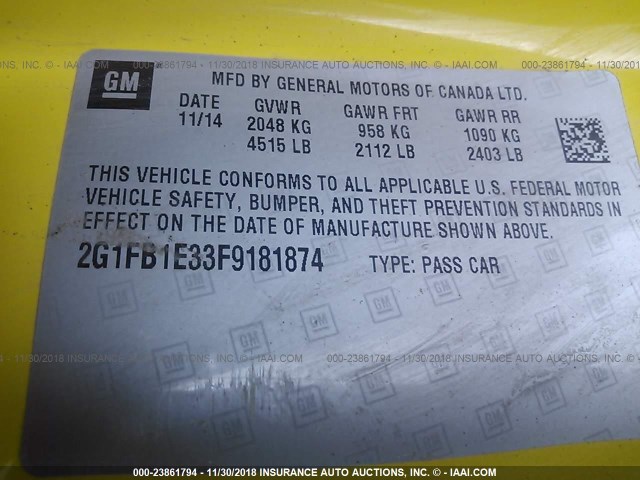 2G1FB1E33F9181874 - 2015 CHEVROLET CAMARO LS YELLOW photo 9