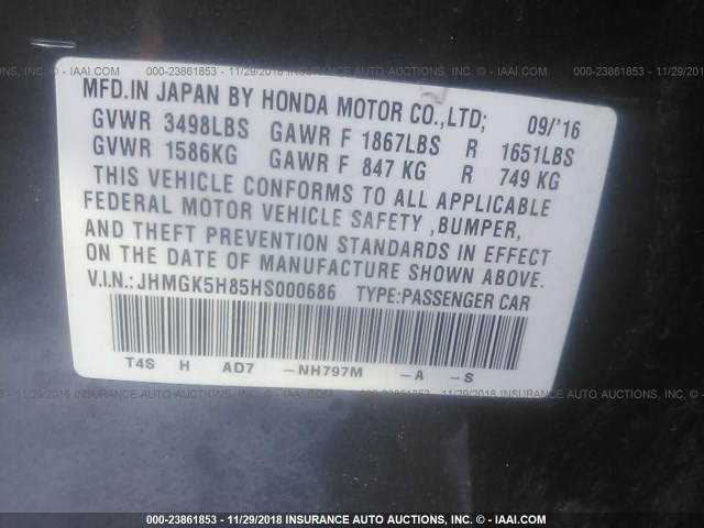 JHMGK5H85HS000686 - 2017 HONDA FIT EX/EXL GRAY photo 9