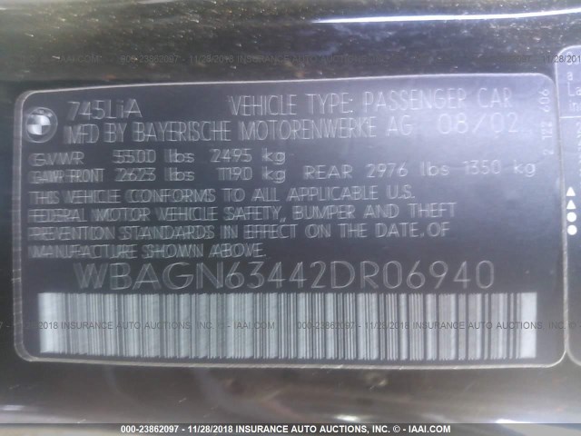 WBAGN63442DR06940 - 2002 BMW 745 LI BLACK photo 9