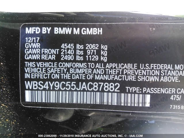 WBS4Y9C55JAC87882 - 2018 BMW M4 BLACK photo 9