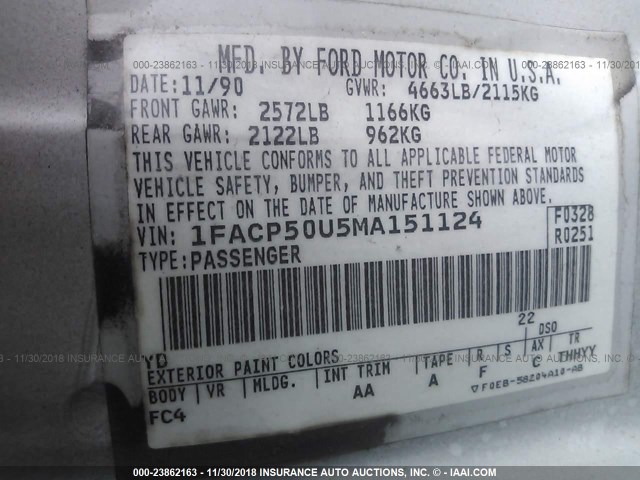 1FACP50U5MA151124 - 1991 FORD TAURUS L WHITE photo 9