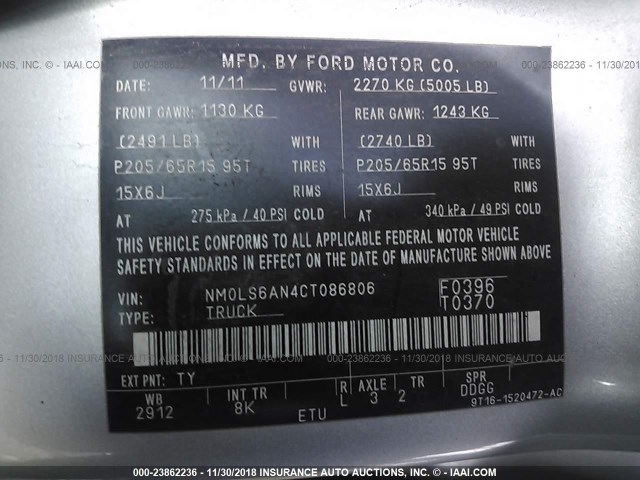 NM0LS6AN4CT086806 - 2012 FORD TRANSIT CONNECT XL SILVER photo 9