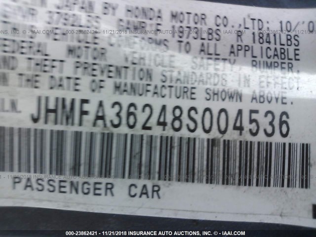 JHMFA36248S004536 - 2008 HONDA CIVIC HYBRID BLUE photo 9