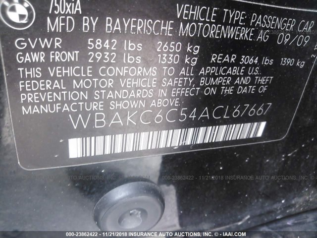 WBAKC6C54ACL67667 - 2010 BMW 750 BLACK photo 9