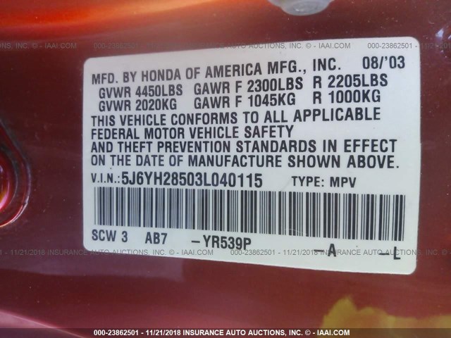 5J6YH28503L040115 - 2003 HONDA ELEMENT EX ORANGE photo 9