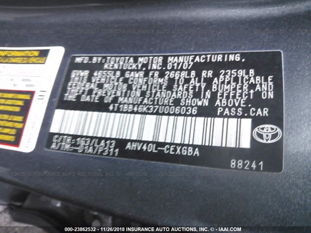 4T1BB46K37U006036 - 2007 TOYOTA CAMRY NEW GENERAT HYBRID GRAY photo 9