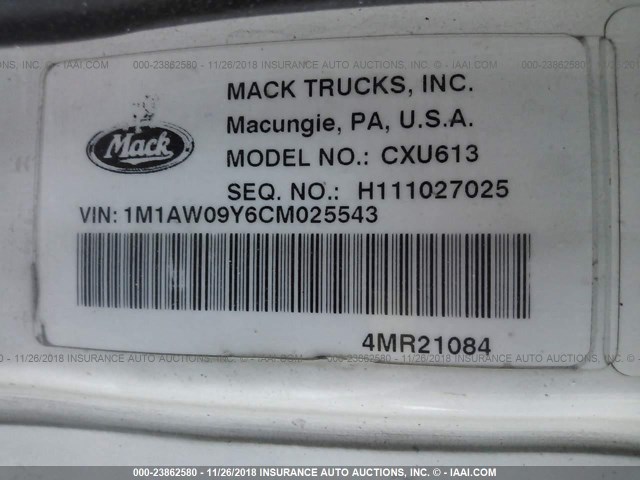 1M1AW09Y6CM025543 - 2012 MACK CXU613  WHITE photo 9