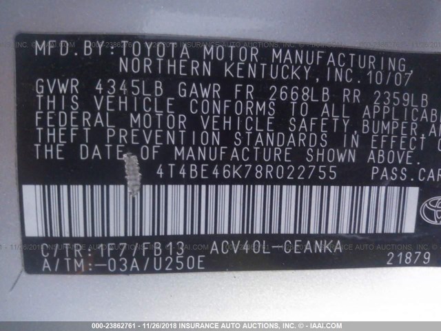 4T4BE46K78R022755 - 2008 TOYOTA CAMRY CE/LE/XLE/SE SILVER photo 9