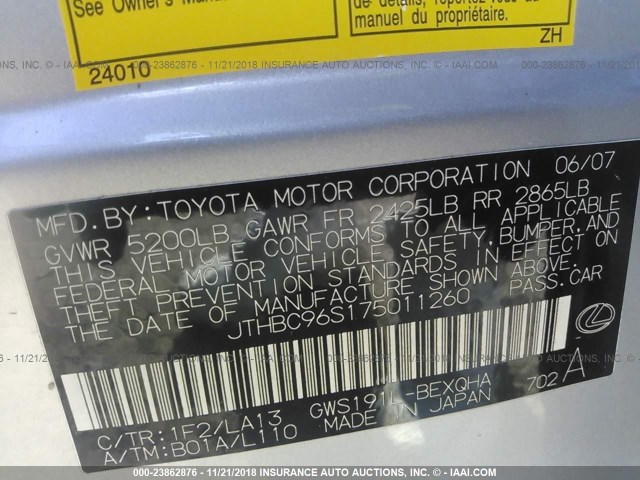 JTHBC96S175011260 - 2007 LEXUS GS SILVER photo 9