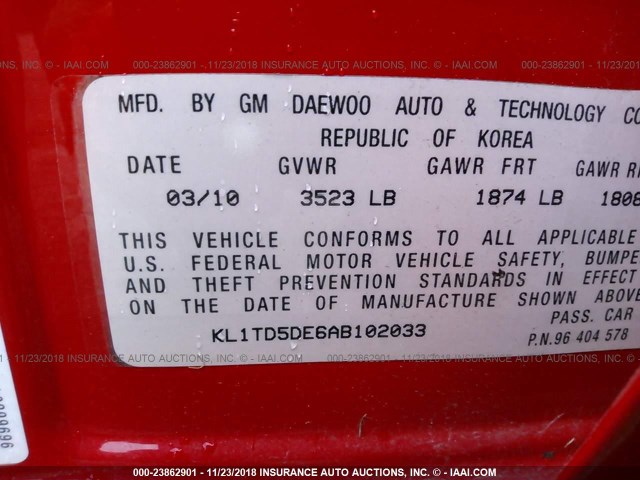 KL1TD5DE6AB102033 - 2010 CHEVROLET AVEO LS/LT RED photo 9