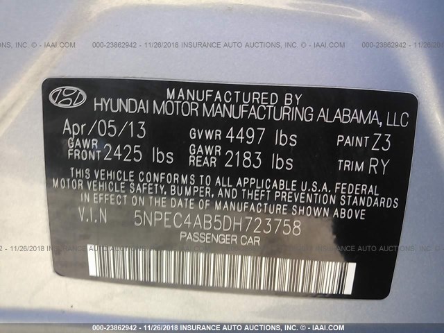 5NPEC4AB5DH723758 - 2013 HYUNDAI SONATA SE/LIMITED Light Blue photo 9