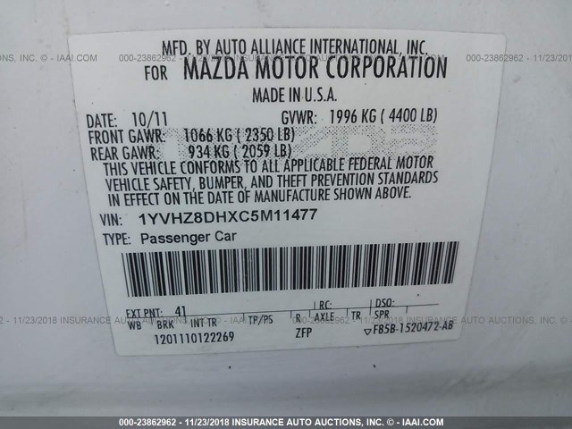 1YVHZ8DHXC5M11477 - 2012 MAZDA 6 I WHITE photo 9