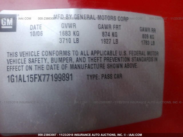 1G1AL15FX77199891 - 2007 CHEVROLET COBALT LT RED photo 9