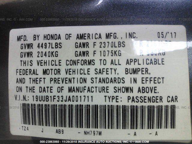 19UUB1F33JA001711 - 2018 ACURA TLX GRAY photo 9