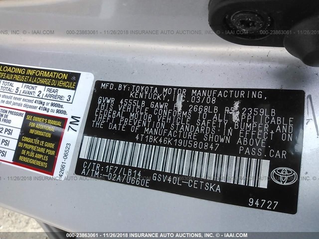 4T1BK46K19U580847 - 2009 TOYOTA CAMRY SE/LE/XLE SILVER photo 9