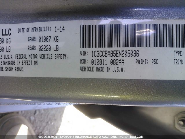 1C3CCBAB5EN205036 - 2014 CHRYSLER 200 LX GRAY photo 9