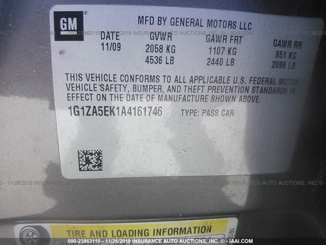 1G1ZA5EK1A4161746 - 2010 CHEVROLET MALIBU LS 灰色 照片 9