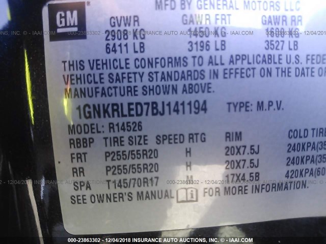 1GNKRLED7BJ141194 - 2011 CHEVROLET TRAVERSE LTZ BLACK photo 9