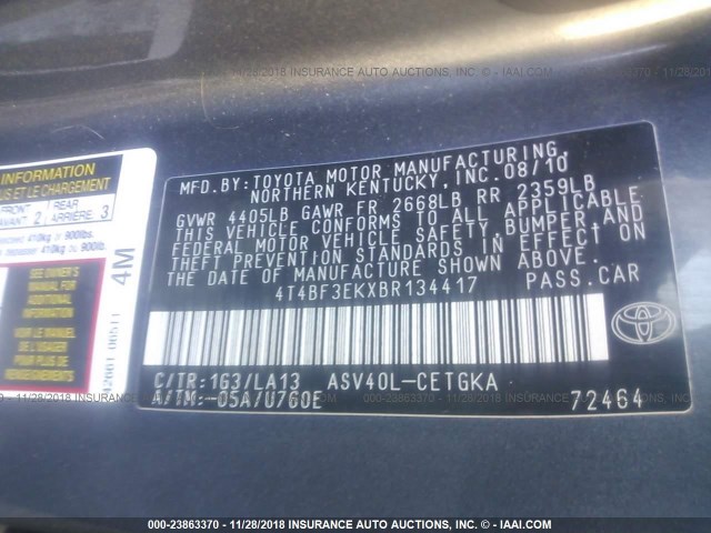 4T4BF3EKXBR134417 - 2011 TOYOTA CAMRY SE/LE/XLE GRAY photo 9