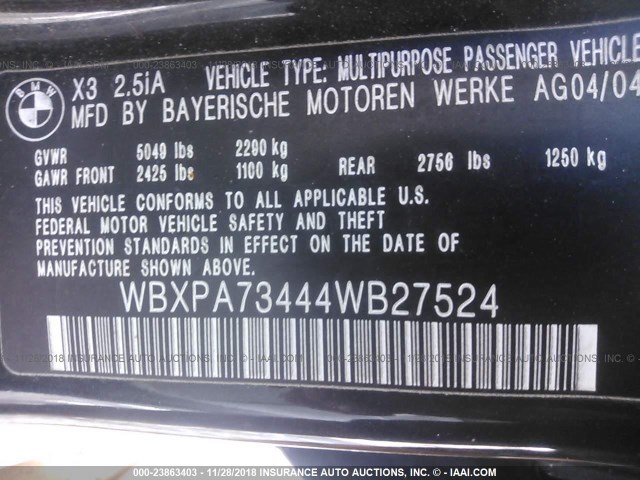 WBXPA73444WB27524 - 2004 BMW X3 2.5I BLACK photo 9