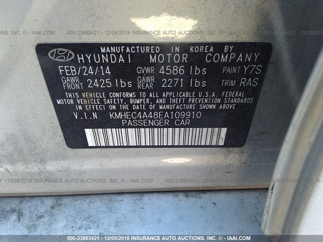 KMHEC4A48EA109910 - 2014 HYUNDAI SONATA HYBRID SILVER photo 9