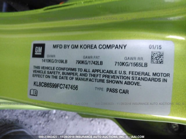 KL8CB6S99FC747456 - 2015 CHEVROLET SPARK LS GREEN photo 9