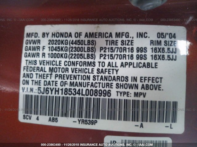 5J6YH18534L008996 - 2004 HONDA ELEMENT EX ORANGE photo 9