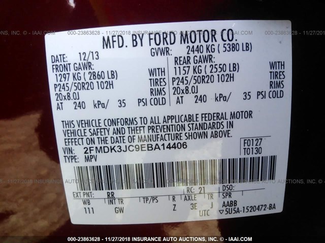 2FMDK3JC9EBA14406 - 2014 FORD EDGE SEL RED photo 9