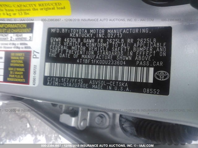 4T1BF1FK0DU233604 - 2013 TOYOTA CAMRY L/SE/LE/XLE 银色 照片 9