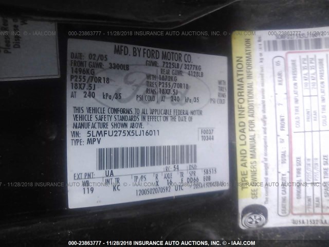 5LMFU275X5LJ16011 - 2005 LINCOLN NAVIGATOR Қара фото 9