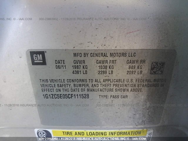 1G1ZC5E05CF111528 - 2012 CHEVROLET MALIBU 1LT 银色 照片 9