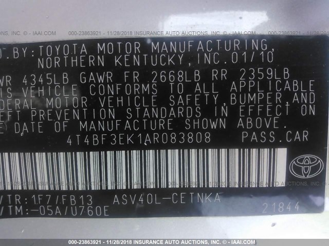 4T4BF3EK1AR083808 - 2010 TOYOTA CAMRY SE/LE/XLE 银色 照片 9