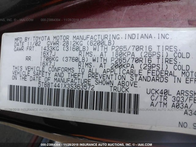 5TBBT441X3S363572 - 2003 TOYOTA TUNDRA ACCESS CAB SR5 MAROON photo 9