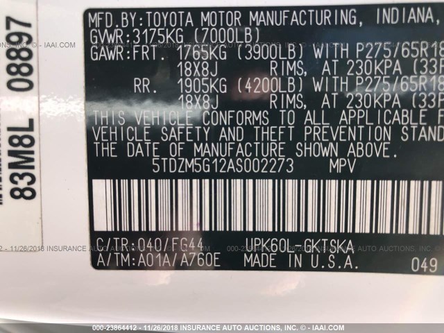 5TDZM5G12AS002273 - 2010 TOYOTA SEQUOIA SR5 WHITE photo 9