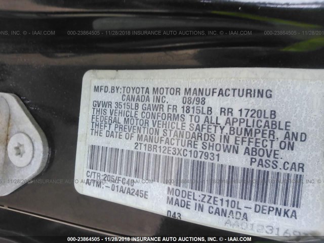 2T1BR12E3XC107931 - 1999 TOYOTA COROLLA VE/CE/LE 黑色 照片 9