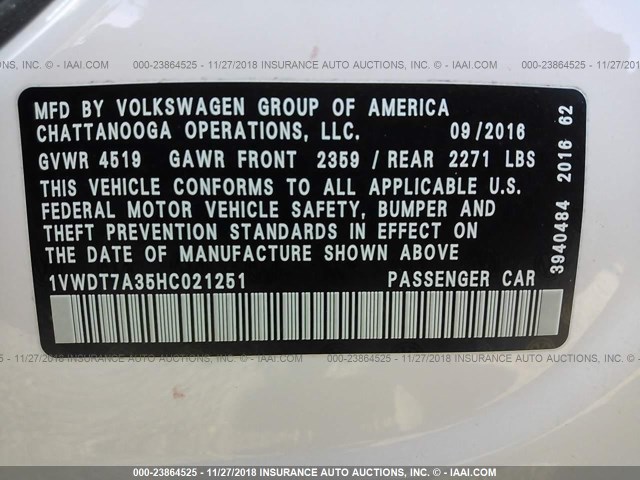 1VWDT7A35HC021251 - 2017 VOLKSWAGEN PASSAT R-LINE Ağ foto 9