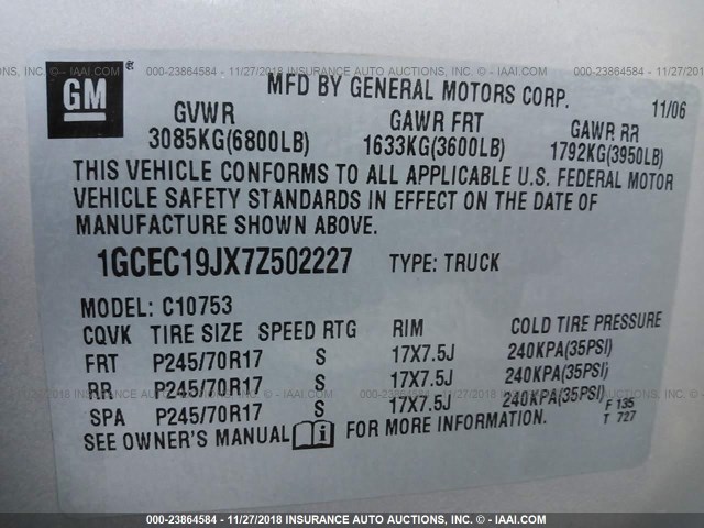 1GCEC19JX7Z502227 - 2007 CHEVROLET SILVERADO C1500 SILVER photo 9