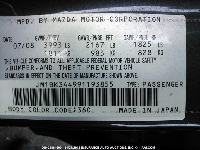 JM1BK344991193855 - 2009 MAZDA 3 S BLUE photo 9