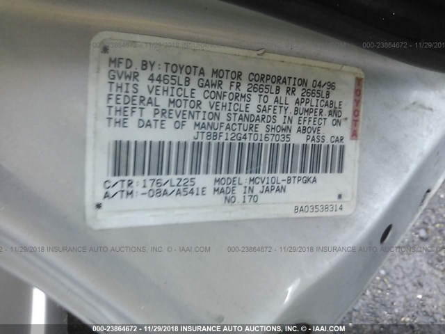 JT8BF12G4T0167035 - 1996 LEXUS ES 300 SILVER photo 9