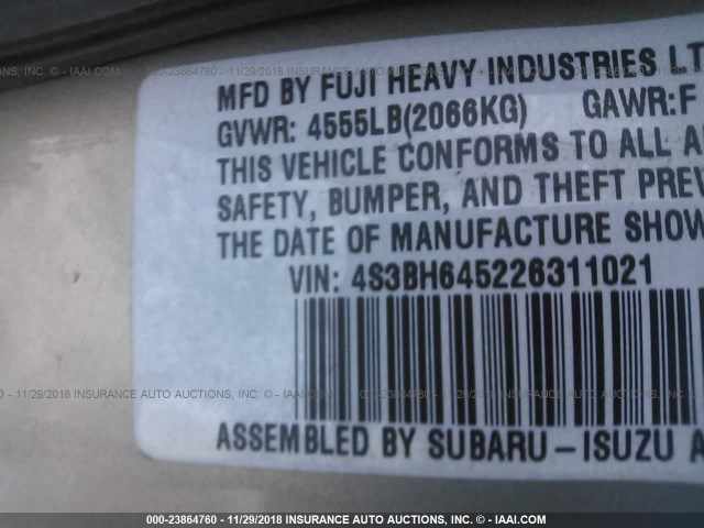 4S3BH645226311021 - 2002 SUBARU LEGACY GT GRAY photo 9