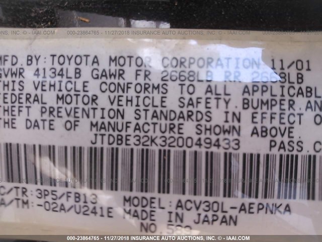 JTDBE32K320049433 - 2002 TOYOTA CAMRY LE/XLE/SE BURGUNDY photo 9