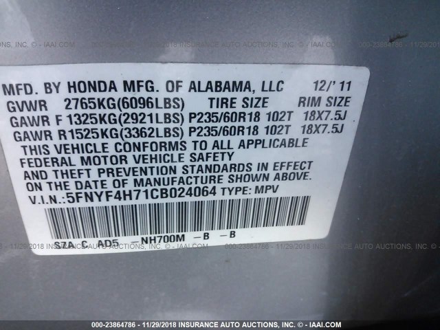 5FNYF4H71CB024064 - 2012 HONDA PILOT EXLN SILVER photo 9