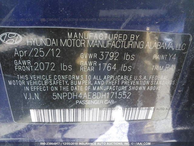 5NPDH4AE8DH171552 - 2013 HYUNDAI ELANTRA GLS/LIMITED BLUE photo 9