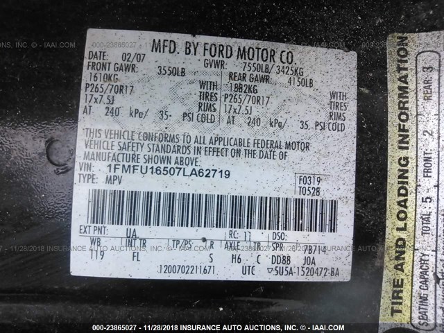 1FMFU16507LA62719 - 2007 FORD EXPEDITION XLT BLACK photo 9