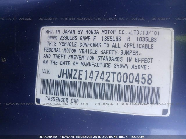 JHMZE14742T000458 - 2002 HONDA INSIGHT BLUE photo 9