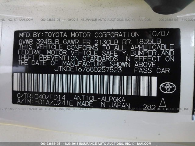 JTKDE167880257523 - 2008 TOYOTA SCION TC 白色 照片 9