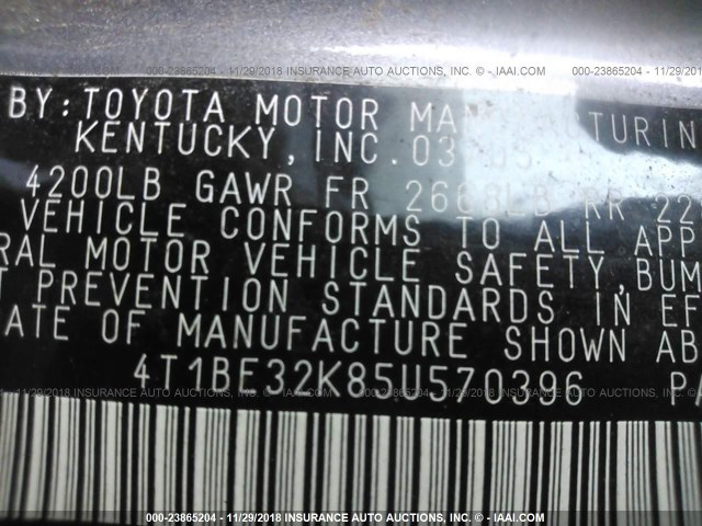 4T1BE32K85U570396 - 2005 TOYOTA CAMRY LE/XLE/SE GRAY photo 9